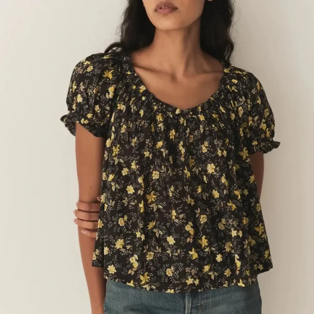 Doen Frederica Cotton Floral Puff Short Sleeve Blouse Top Winding Blossom